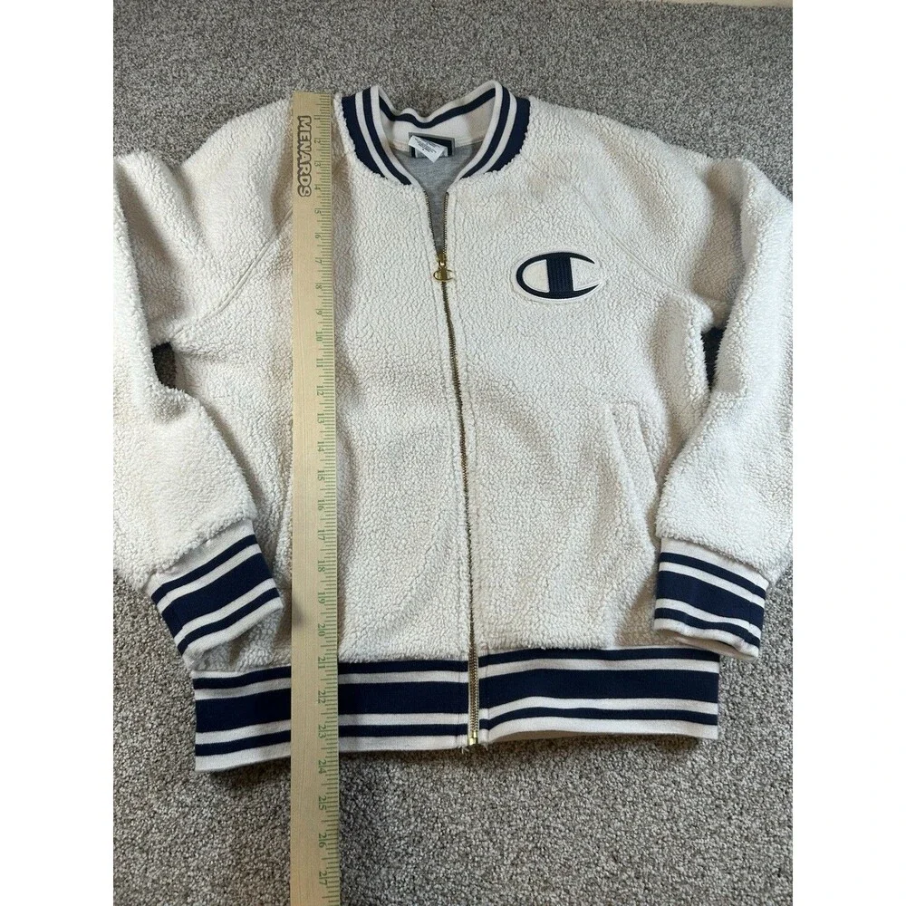 Champion Bomber Varsity Jacket Womens Medium White‎ Fleece Zip Spellout School